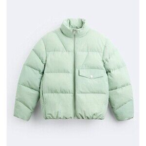 Zara Men Green Mock Neck Long Sleeve Pocket Detail Full-Zip Puffer Jacket Sz XL